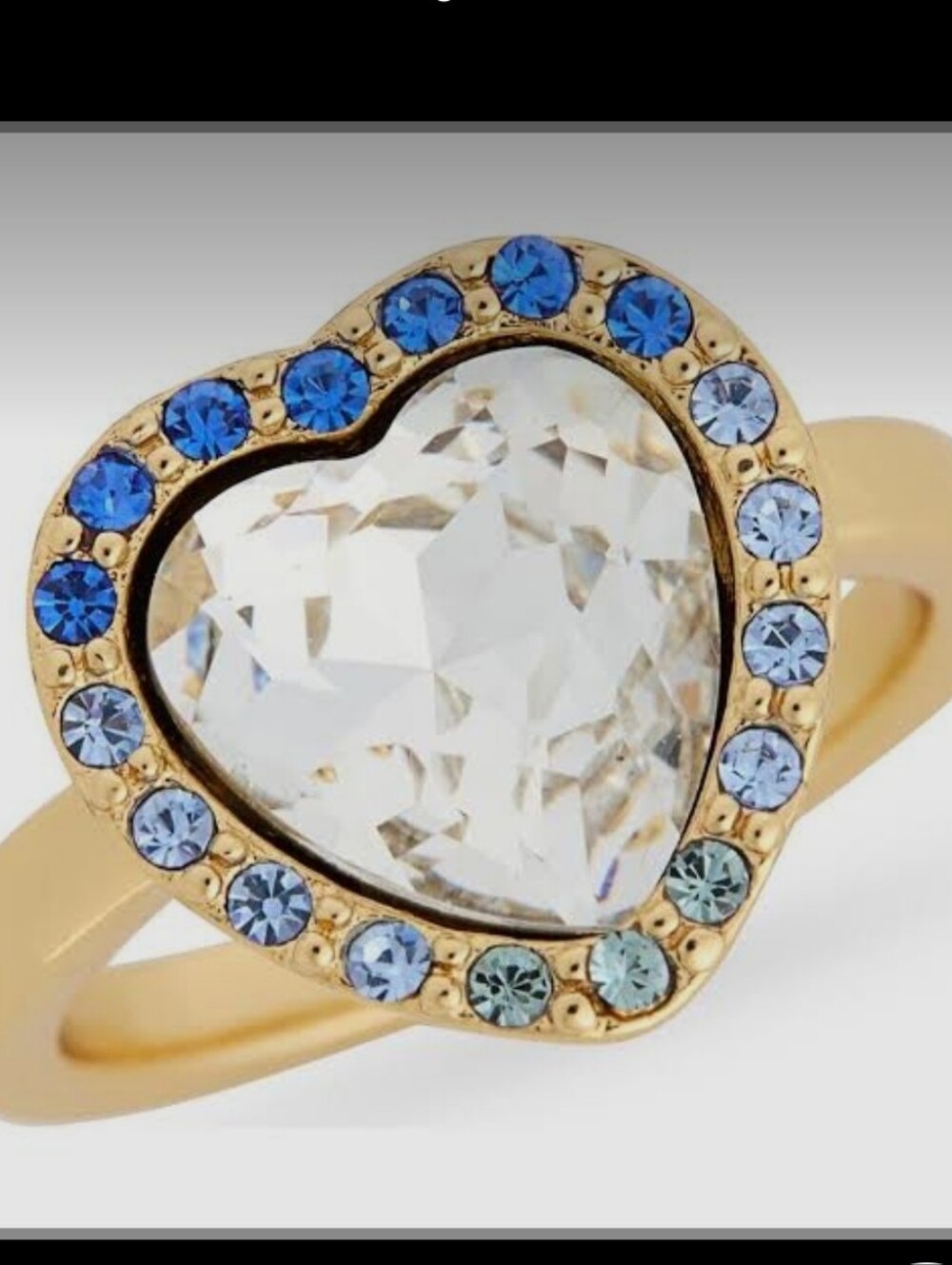 NIB Kurt Geiger London Crystal Heart Halo Cocktail Ring 8 Gold Tone Blue Ombre